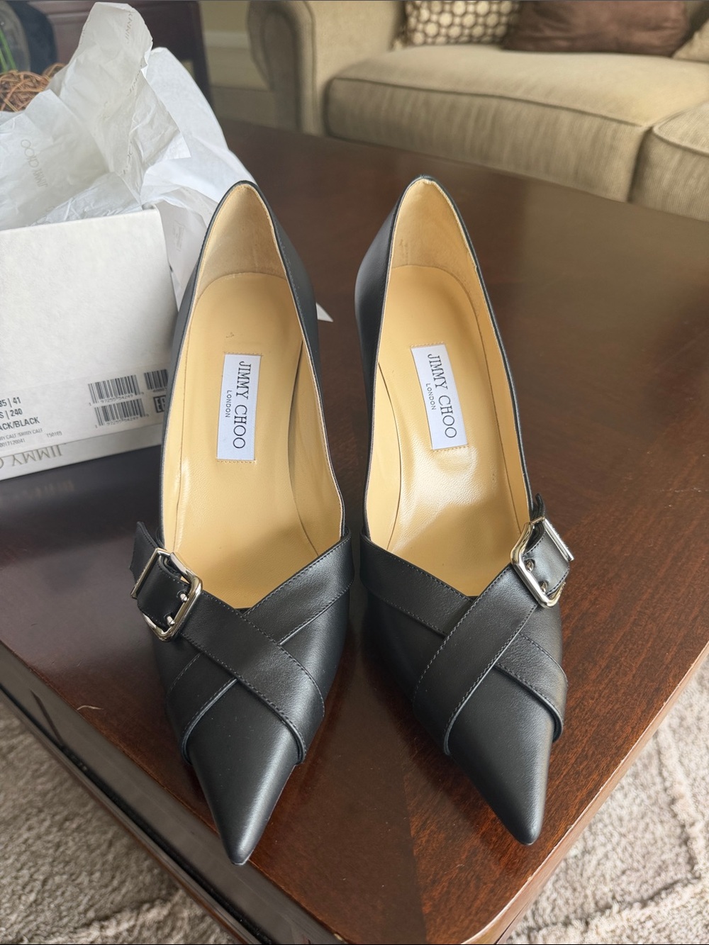 Jimmy Choo Black Leather Pointed-Toe Pumpwith Buckle Detail Alix85 size 41 NWT